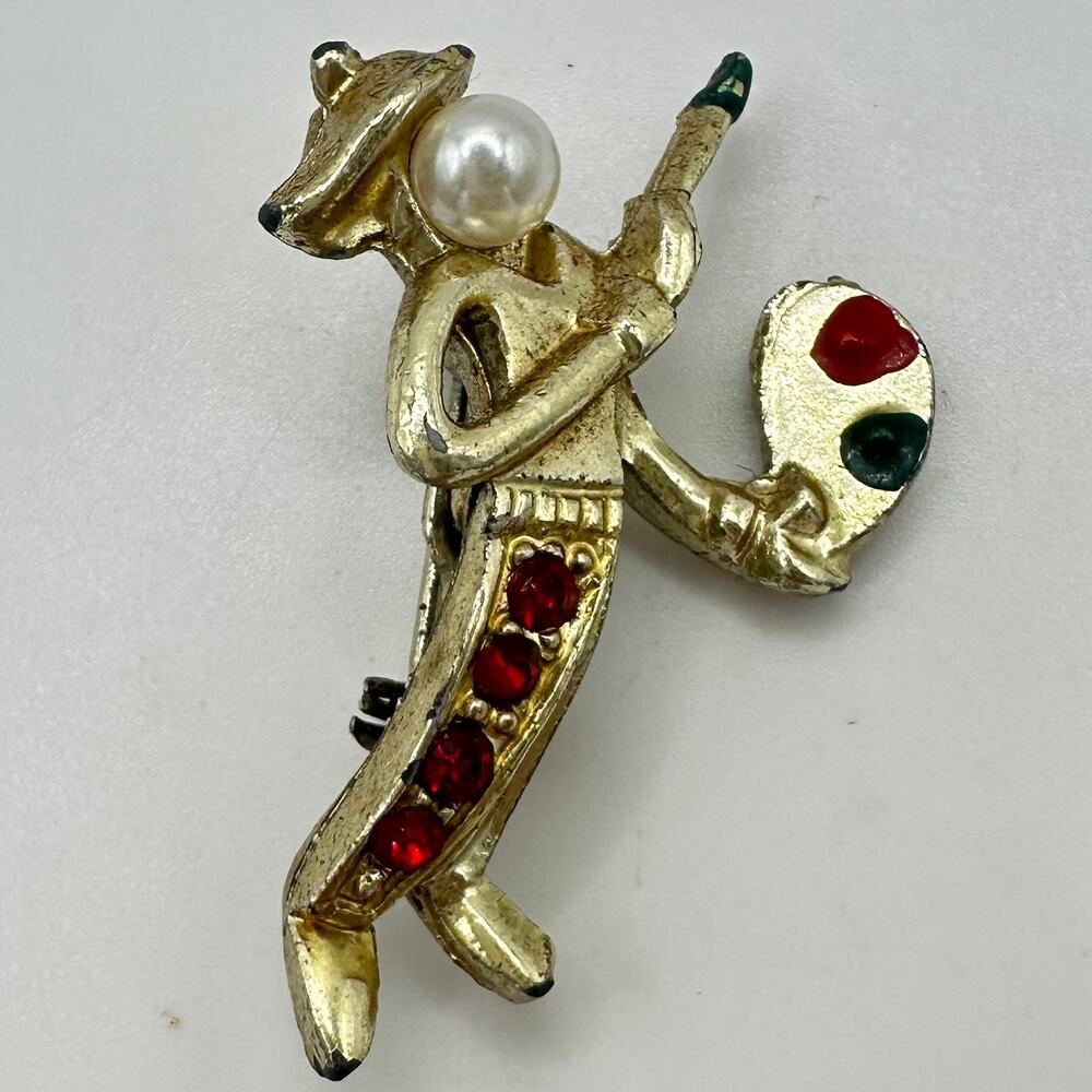1940s vintage retro gold plated artist painter rhinestones figural brooch pin